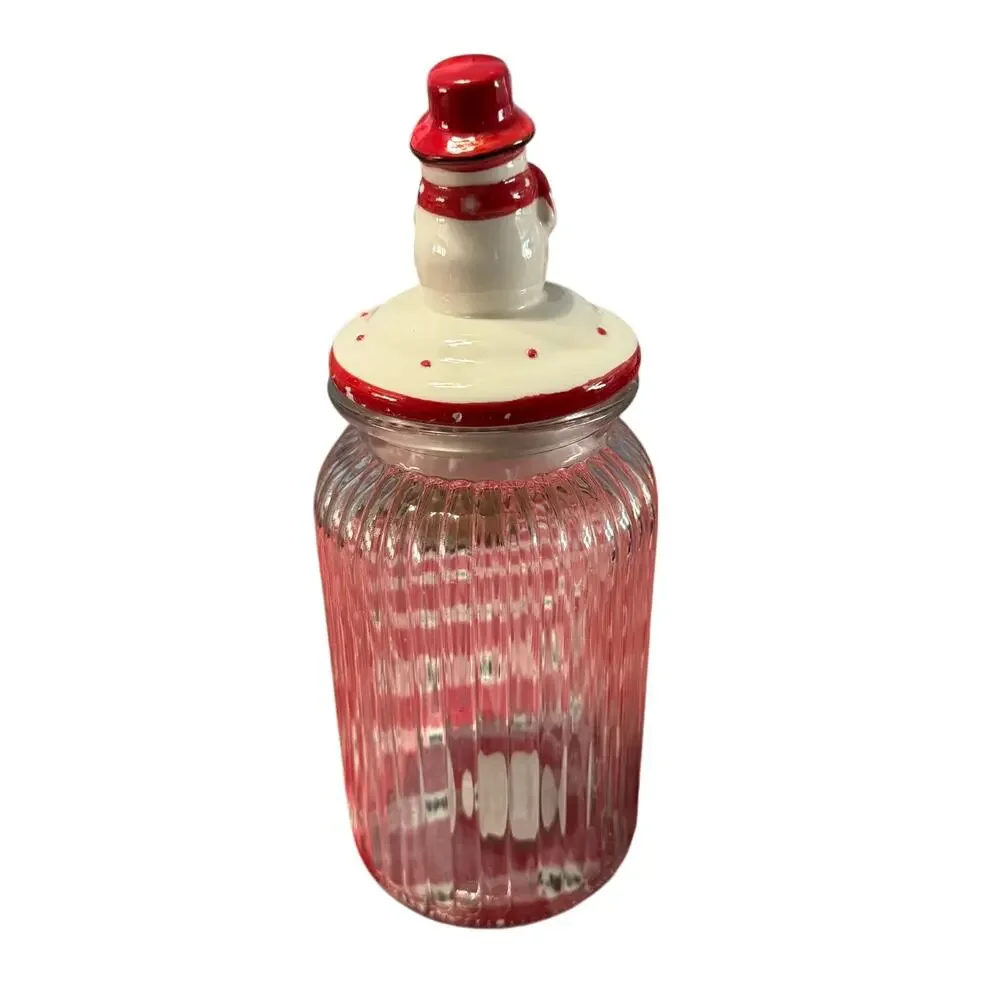 NEW Winter Christmas Snowman Glass Canister Jar w/ Lid 42.3 Fl Oz / 1.25 Liters